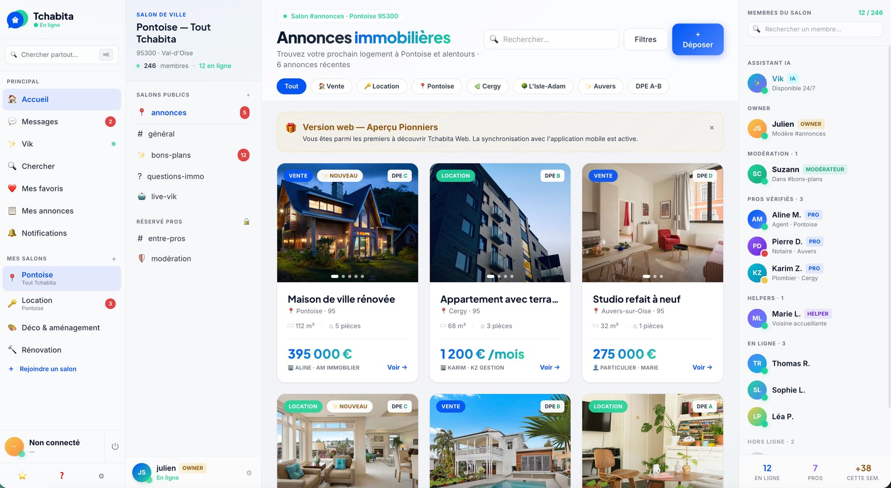 L'app web Tchabita : le salon de Pontoise, ses annonces immobilières et les membres connectés.
